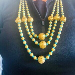 Unique Gold Platted Faux Turquoise Multi Layered Necklace